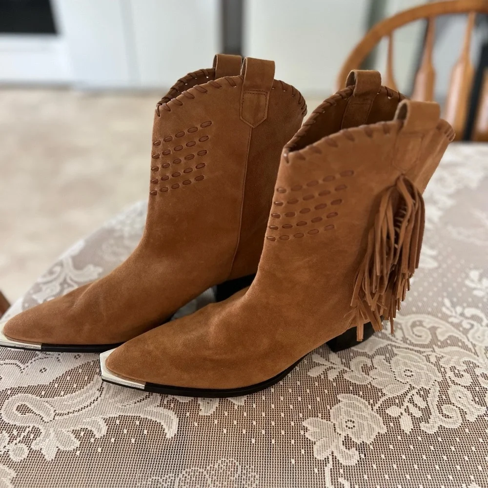 Schultz Tan Suede Fringed Western Heeled Boot - Picture 3 of 5